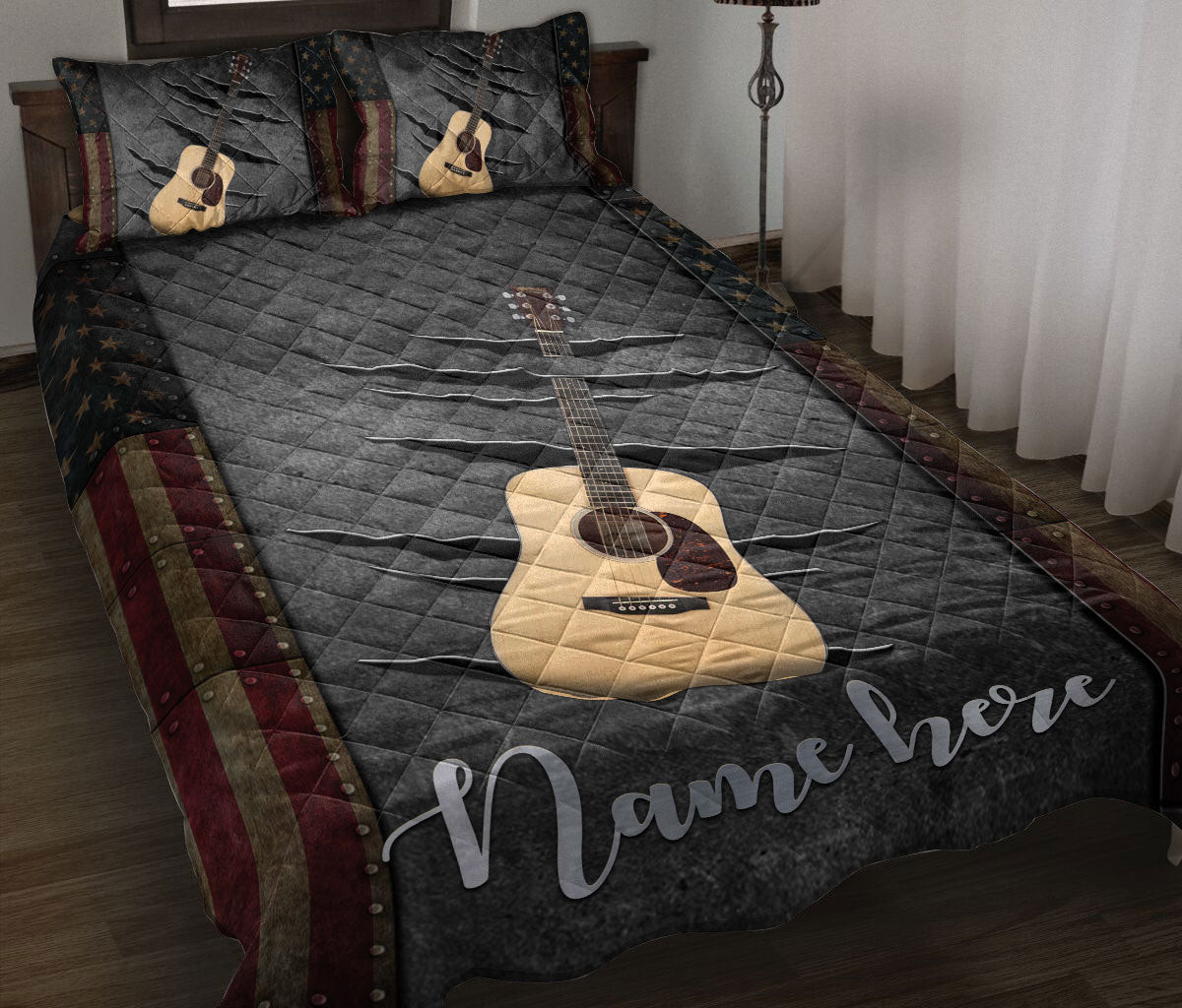 Personalized Guitar Quilt Bedding Set, Classic Beige Guitar American US Flag Crack Quilt Blanket With Pillowcases, Custom Name Duvet Cover Set