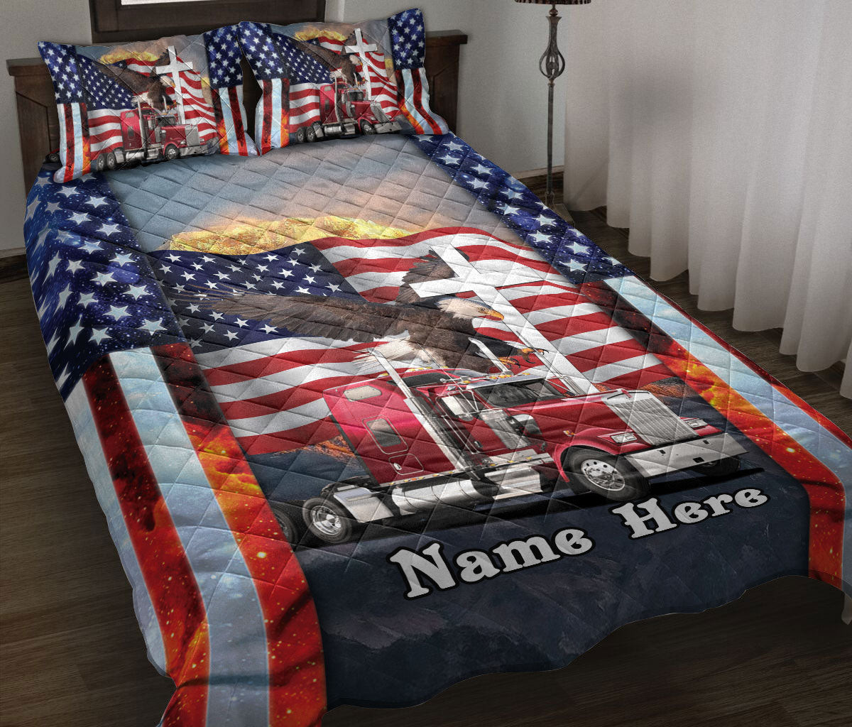 Personalized Trucker Quilt Bedding Set, Proud American Trucker Truck Driver Eagle Truck Quilt Blanket With Pillowcases, Duvet Cover Set