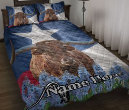 Personalized Texas Quilt Bedding Set, Western Texas Flag Map Longhorn Bluebonnet Wild West Quilt Blanket With Pillowcases, Duvet Cover Set