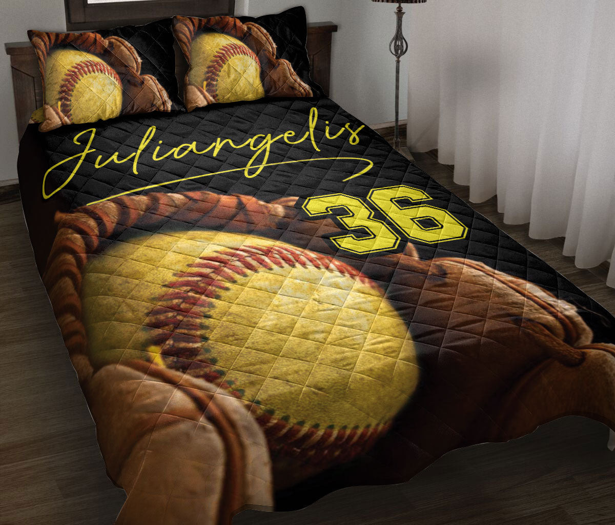 Personalized Softball Quilt Bedding Set, Softball Glove And Ball Quilt Blanket With Pillowcases, Custom Name Duvet Cover Set