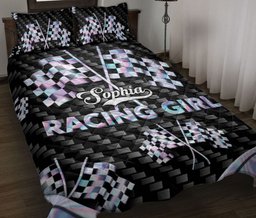 Personalized Racing Quilt Bedding Set, Racing Girl Checkered Flag Race Quilt Blanket With Pillowcases, Custom Name Duvet Cover Set