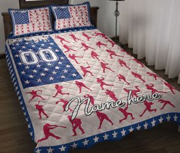 Personalized Softball Quilt Bedding Set, Baseball Softball Player Batter Posing US Flag Quilt Blanket With Pillowcases, Duvet Cover Set