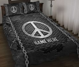 Personalized Hippie Quilt Bedding Set, Hippe Peace Sign Iron Chains Quilt Blanket With Pillowcases, Custom Name Duvet Cover Set