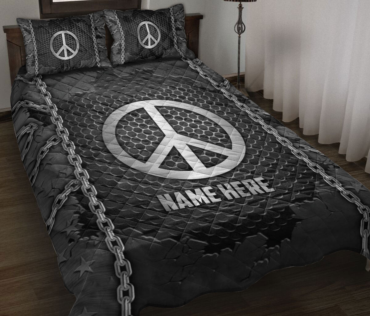 Personalized Hippie Quilt Bedding Set, Hippe Peace Sign Iron Chains Quilt Blanket With Pillowcases, Custom Name Duvet Cover Set