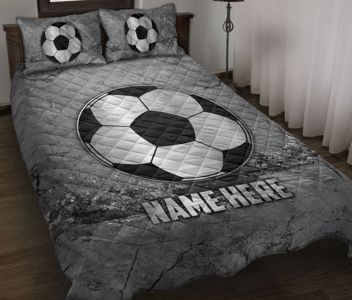 Personalized Soccer Quilt Bedding Set, Soccer Scratch Grays Quilt Blanket With Pillowcases, Custom Name Duvet Cover Set