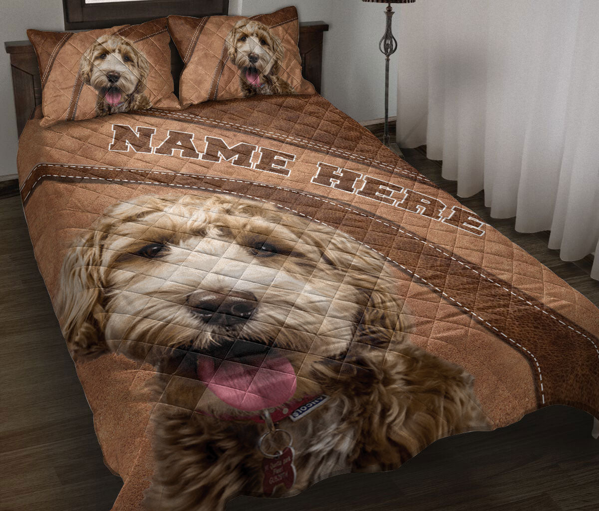 Personalized Goldendoodle Quilt Bedding Set, Goldendoodle Dog Quilt Blanket With Pillowcases, Custom Name Duvet Cover Set