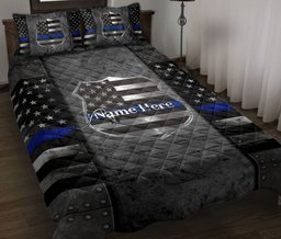 Personalized Police Quilt Bedding Set, Police Thin Blue Line American US Flag Quilt Blanket With Pillowcases, Custom Name Duvet Cover Set, July 4th Gift