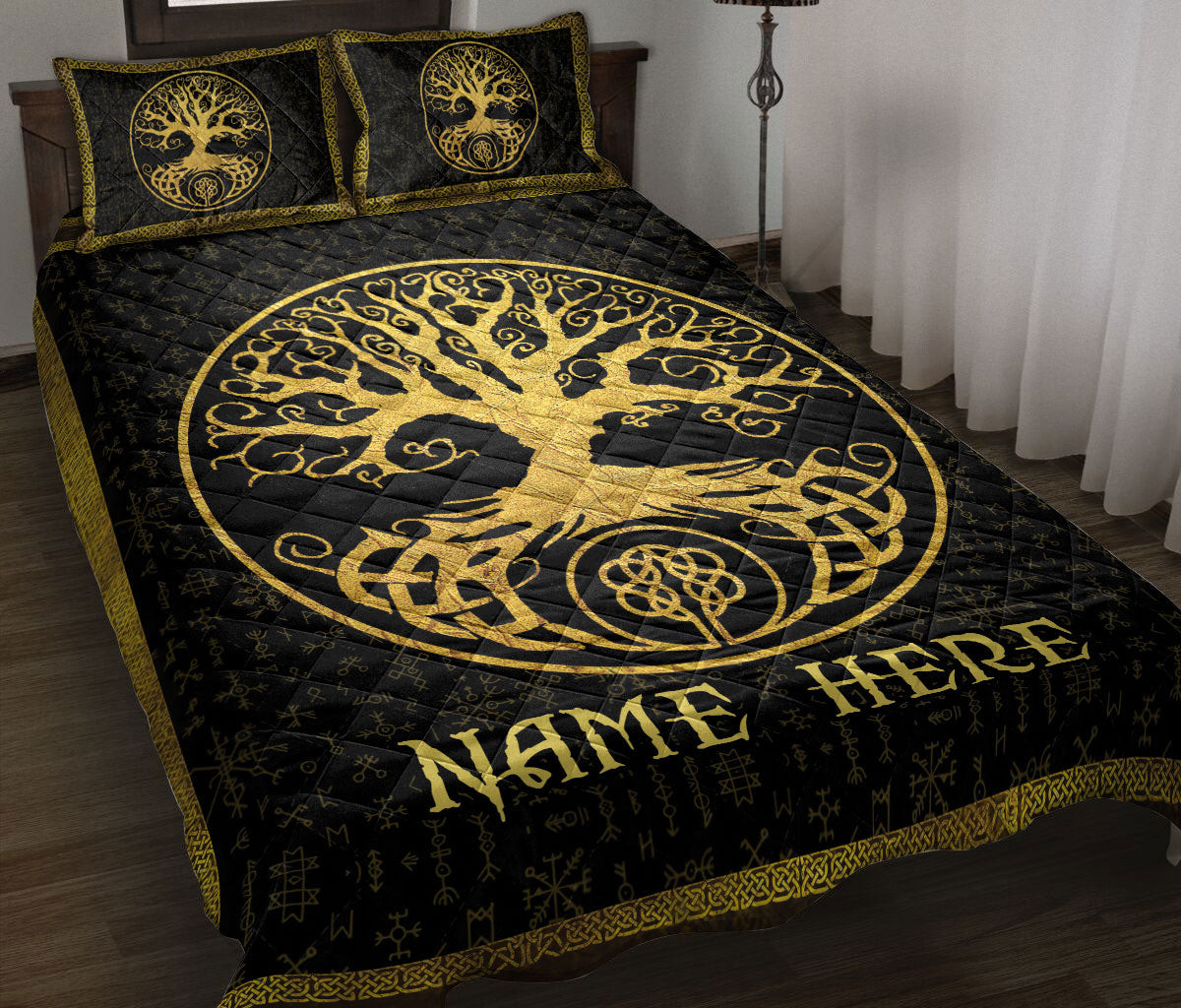Personalized Tree Of Life Quilt Bedding Set, Tree Of Yggdrasil Black Mythology Norse Nordic Quilt Blanket With Pillowcases, Duvet Cover Set