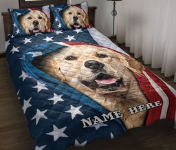 Personalized Golden Retriever Quilt Bedding Set, Golden Retriever Patriot American US Flag Quilt Blanket With Pillowcases, Duvet Cover Set