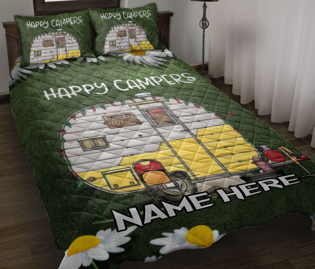 Personalized Camping Quilt Bedding Set, Camping Happy Campers Enjoy Flower Garden Floral Quilt Blanket With Pillowcases, Duvet Cover Set
