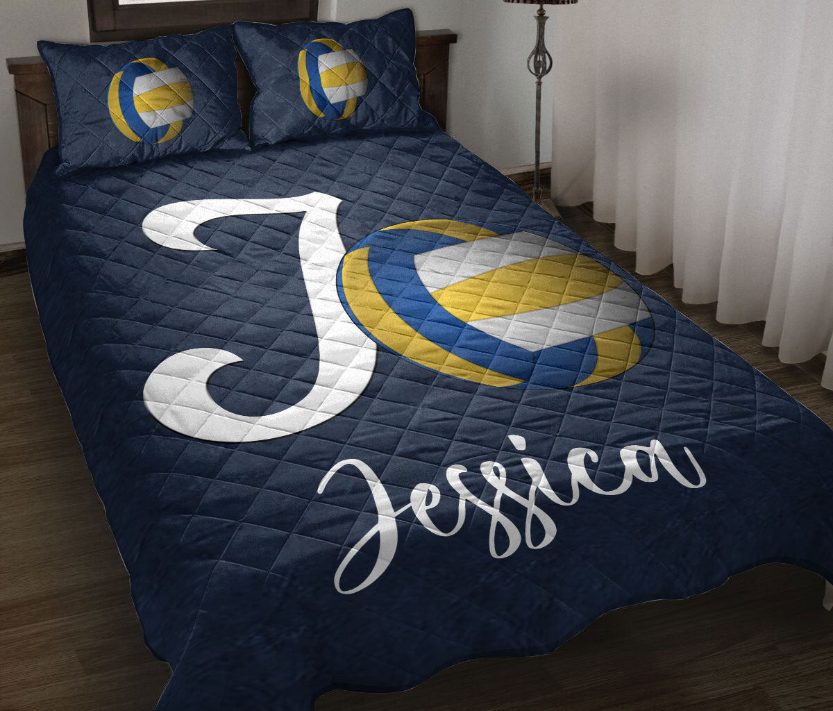 Personalized Volleyball Quilt Bedding Set, Volleyball Ball Navy Background Quilt Blanket With Pillowcases, Custom Name Duvet Cover Set