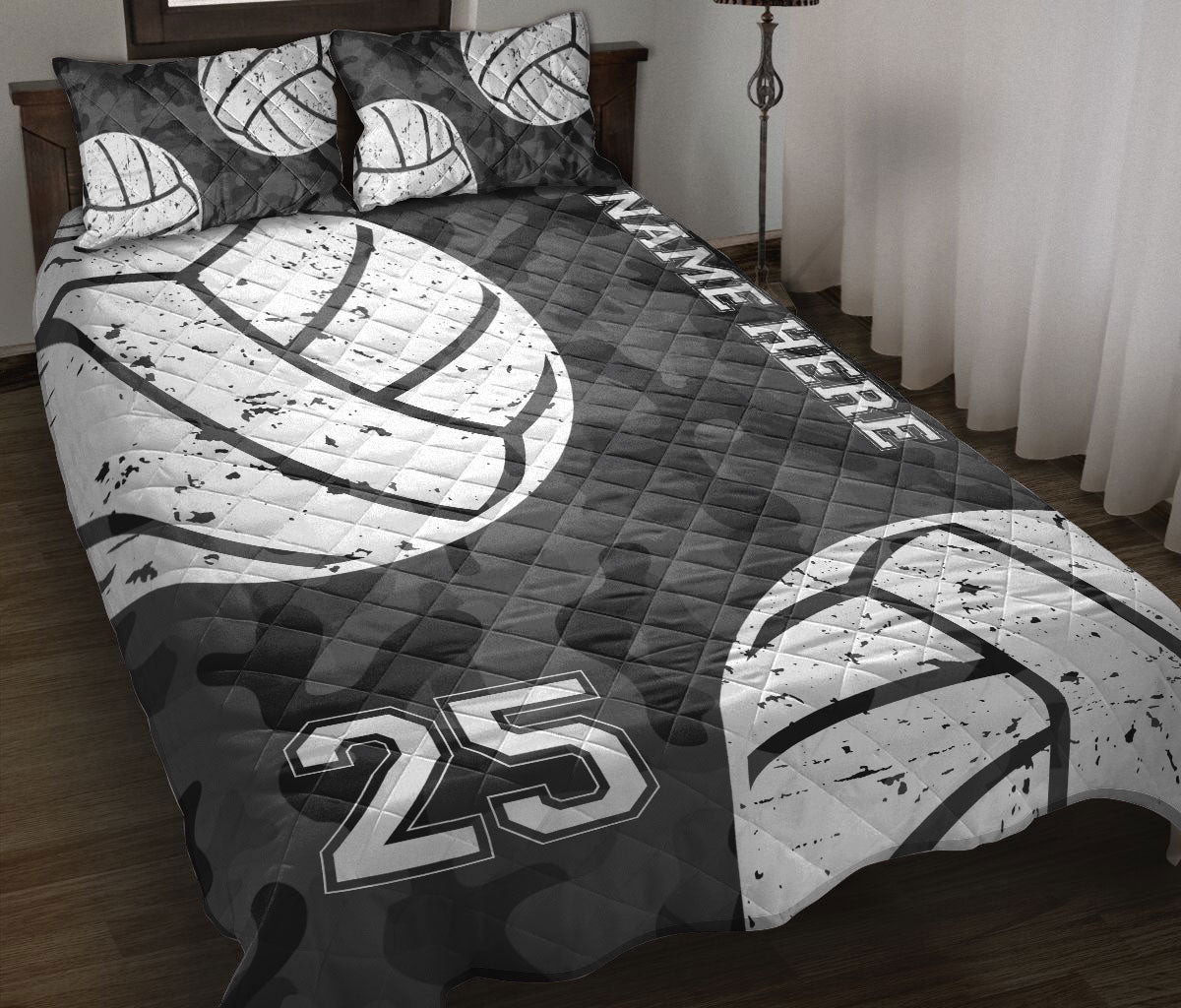 Personalized Volleyball Quilt Bedding Set, Volleyball Ball Black Quilt Blanket With Pillowcases, Custom Name Duvet Cover Set