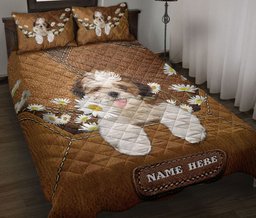 Personalized Shih Tzu Quilt Bedding Set, Shih Tzu Shitzu Daisy Flower Quilt Blanket With Pillowcases, Custom Name Duvet Cover Set