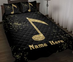 Personalized Quilt Bedding Set, Golden MusicNote Musical MusicBlack Quilt Blanket With Pillowcases, Custom Name Duvet Cover Set