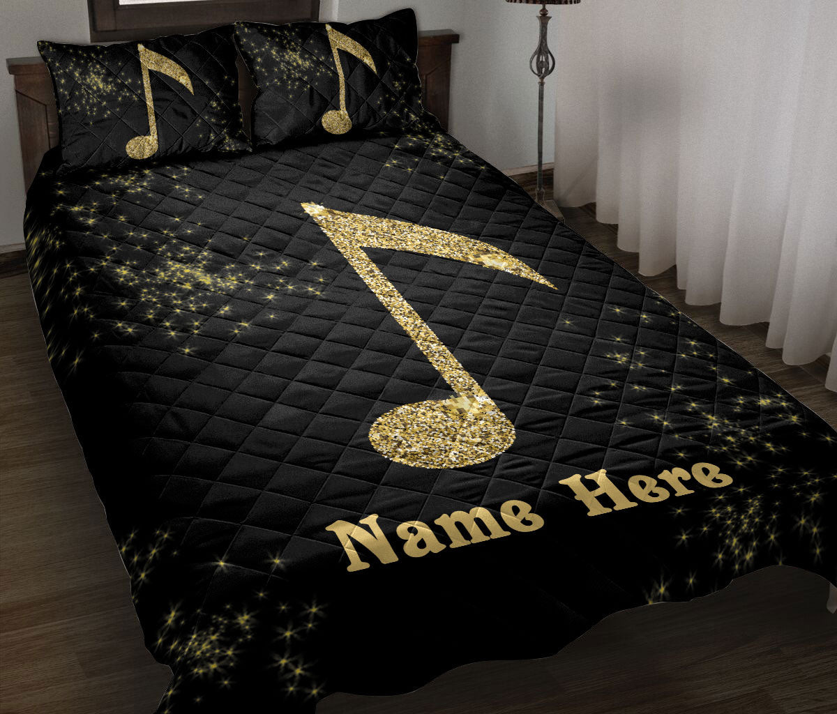 Personalized Quilt Bedding Set, Golden MusicNote Musical MusicBlack Quilt Blanket With Pillowcases, Custom Name Duvet Cover Set
