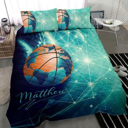 Personalized Basketball Quilt Bedding Set, Basketball Ball Earth Turquoise Quilt Blanket With Pillowcases, Custom Name Duvet Cover Set