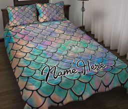 Personalized Mermaid Quilt Bedding Set, Mermaid Scale Sea Ocean Beach Quilt Blanket With Pillowcases, Custom Name Duvet Cover Set
