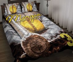 Personalized Softball Quilt Bedding Set, Old School Ball Quilt Blanket With Pillowcases, Custom Name Duvet Cover Set