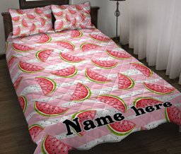 Personalized Watermelon Quilt Bedding Set, Sweet Watermelon On Stripes Background Fruits Quilt Blanket With Pillowcases, Duvet Cover Set