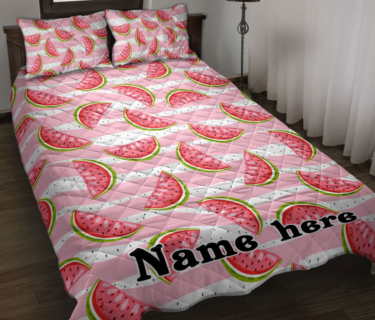 Personalized Watermelon Quilt Bedding Set, Sweet Watermelon On Stripes Background Fruits Quilt Blanket With Pillowcases, Duvet Cover Set