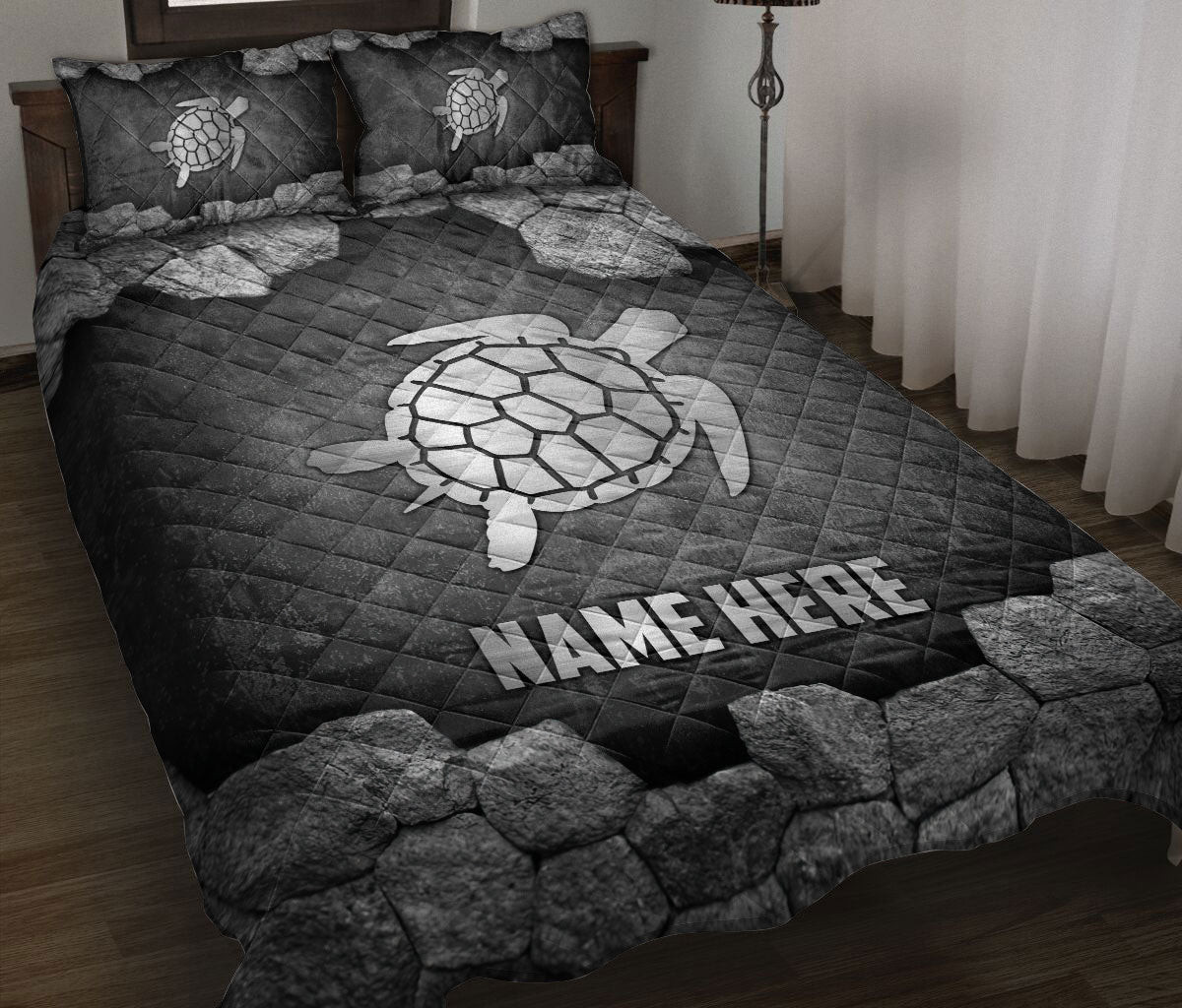Personalized Turtle Quilt Bedding Set, Turtle Stone Silver Quilt Blanket With Pillowcases, Custom Name Duvet Cover Set