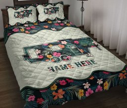 Personalized Camping Quilt Bedding Set, Campers Travel Trailer Flower Campings Quilt Blanket With Pillowcases, Custom Name Duvet Cover Set