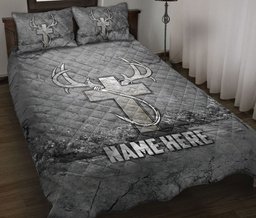 Personalized Fishing Quilt Bedding Set, Christian Hunting Fishing Hook Scratch Gray Quilt Blanket With Pillowcases, Custom Name Duvet Cover Set
