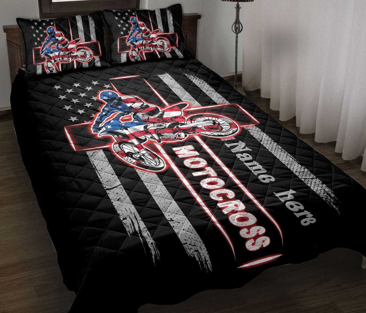 Personalized Motocross Quilt Bedding Set, Motocrossian JesusCross US Flag Quilt Blanket With Pillowcases, Custom Name Duvet Cover Set