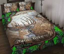 Personalized Hunting Quilt Bedding Set, Hunting Green Deer Horn Quilt Blanket With Pillowcases, Custom Name Duvet Cover Set
