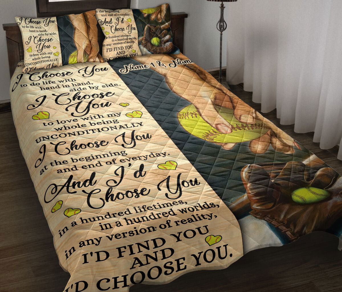 Personalized Softball Quilt Bedding Set, Softball I Choose You Couple Husband & Wife Quilt Blanket With Pillowcases, Duvet Cover Set