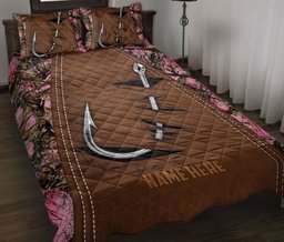 Personalized Fishing Quilt Bedding Set, Fishing Hook Pink Quilt Blanket With Pillowcases, Custom Name Duvet Cover Set