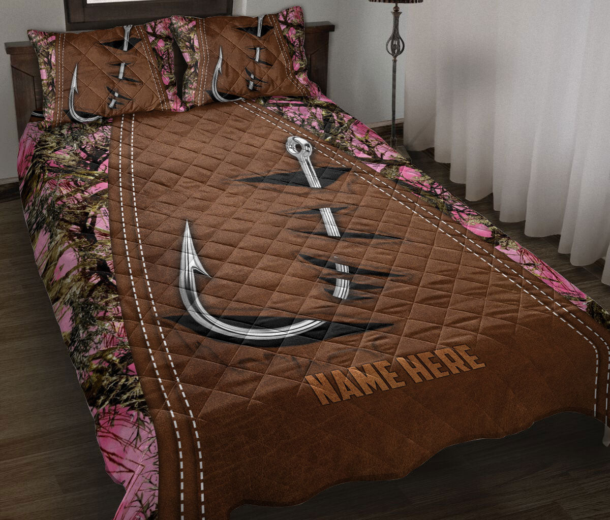 Personalized Fishing Quilt Bedding Set, Fishing Hook Pink Quilt Blanket With Pillowcases, Custom Name Duvet Cover Set