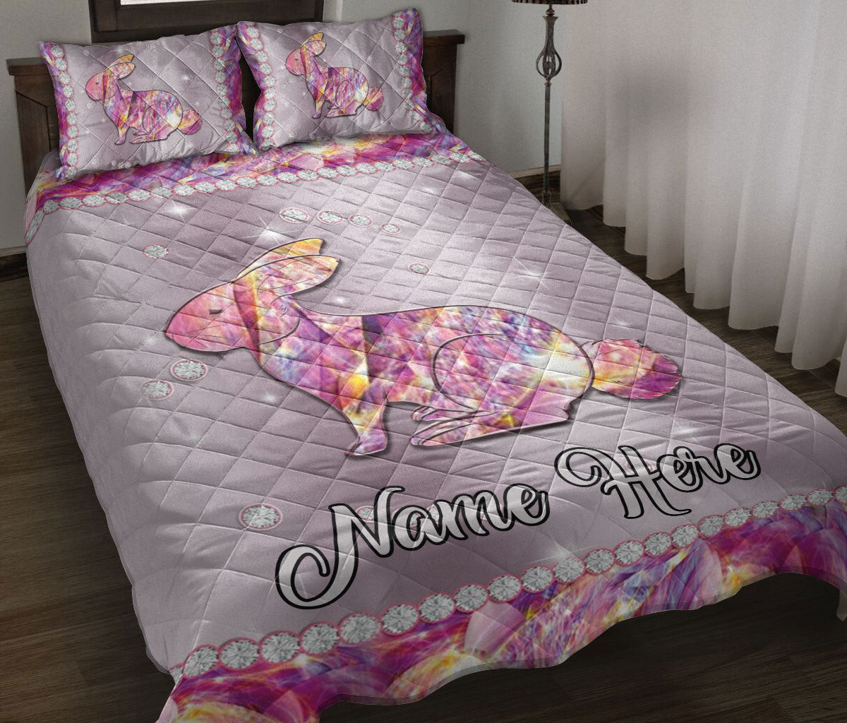 Personalized Rabbit Quilt Bedding Set, Cute Pink Rabbit Bunny Flower Floral Quilt Blanket With Pillowcases, Custom Name Duvet Cover Set
