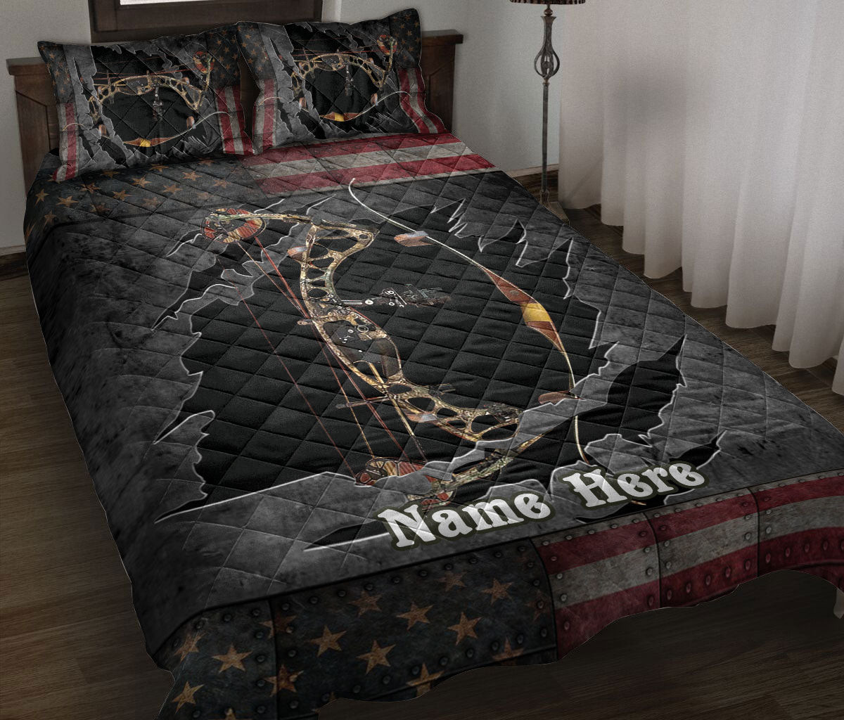 Personalized Hunting Quilt Bedding Set, Deer Hunting US Flag With Quilt Blanket With Pillowcases, Custom Name Duvet Cover Set