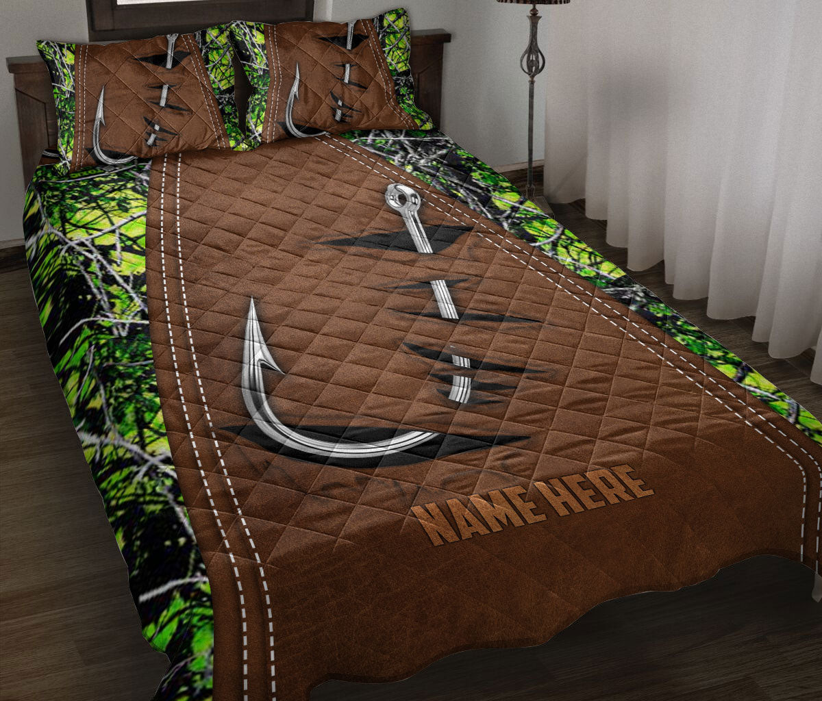 Personalized Fishing Quilt Bedding Set, Fishing Hook Green Quilt Blanket With Pillowcases, Custom Name Duvet Cover Set