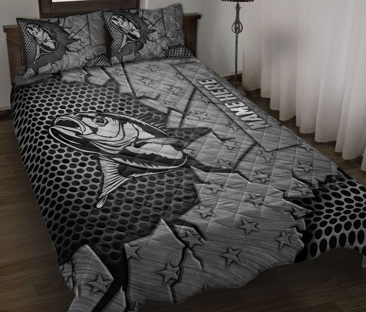 Personalized Fishing Quilt Bedding Set, Fishing Crack Silver Quilt Blanket With Pillowcases, Custom Name Duvet Cover Set