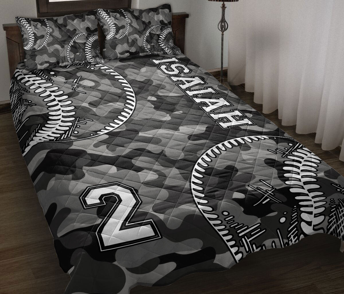 Personalized Softball Quilt Bedding Set, Baseball And Softball Black Camouflag Quilt Blanket With Pillowcases, Duvet Cover Set