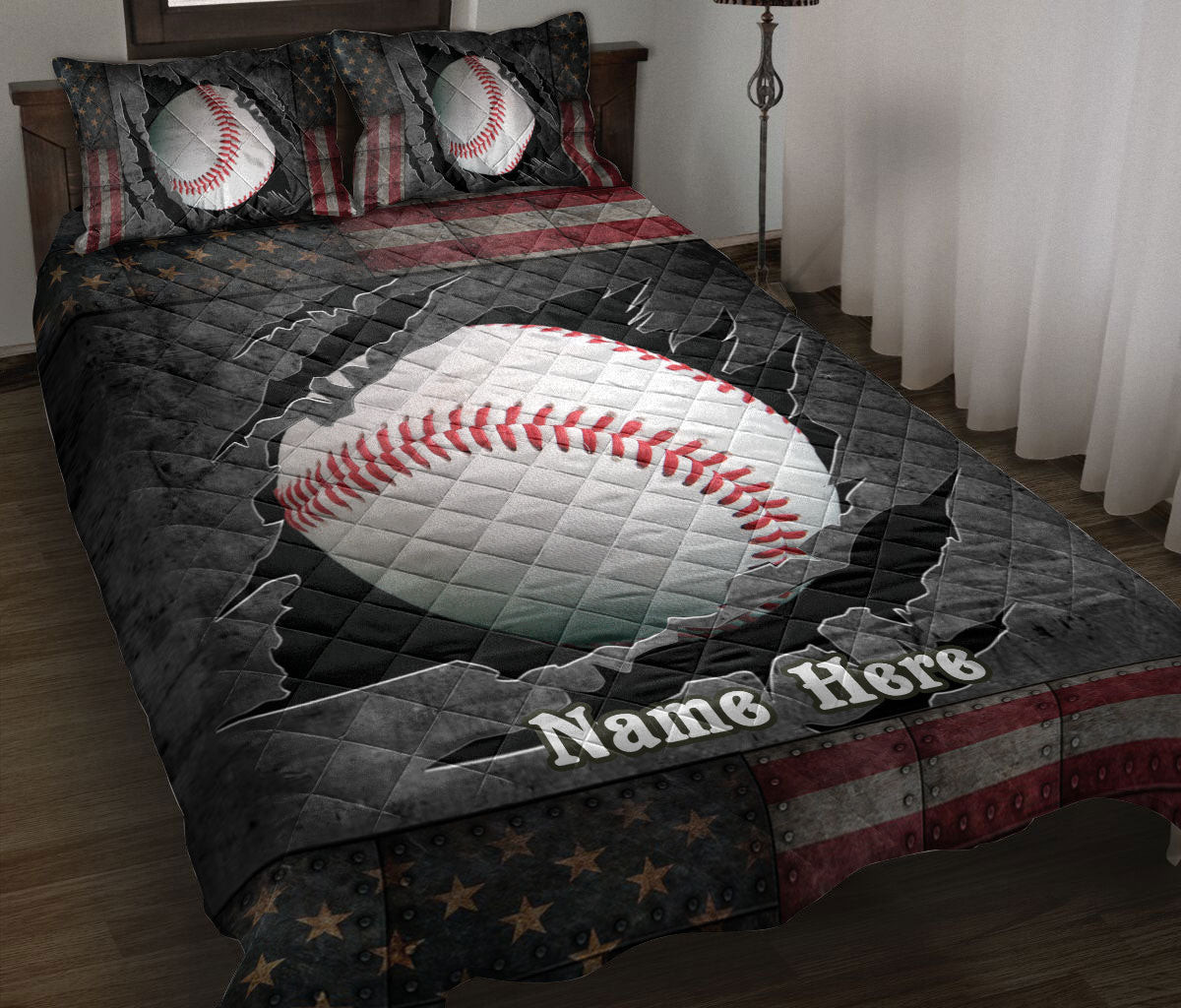 Personalized Baseball Quilt Bedding Set, Baseball Crack US Flag Quilt Blanket With Pillowcases, Custom Name Duvet Cover Set, Sports Gifts