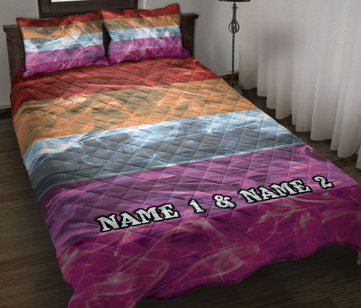Personalized LGBTQuilt Bedding Set, LGBTLesbian Pride Flag Smoke Quilt Blanket With Pillowcases, Custom Name Duvet Cover Set