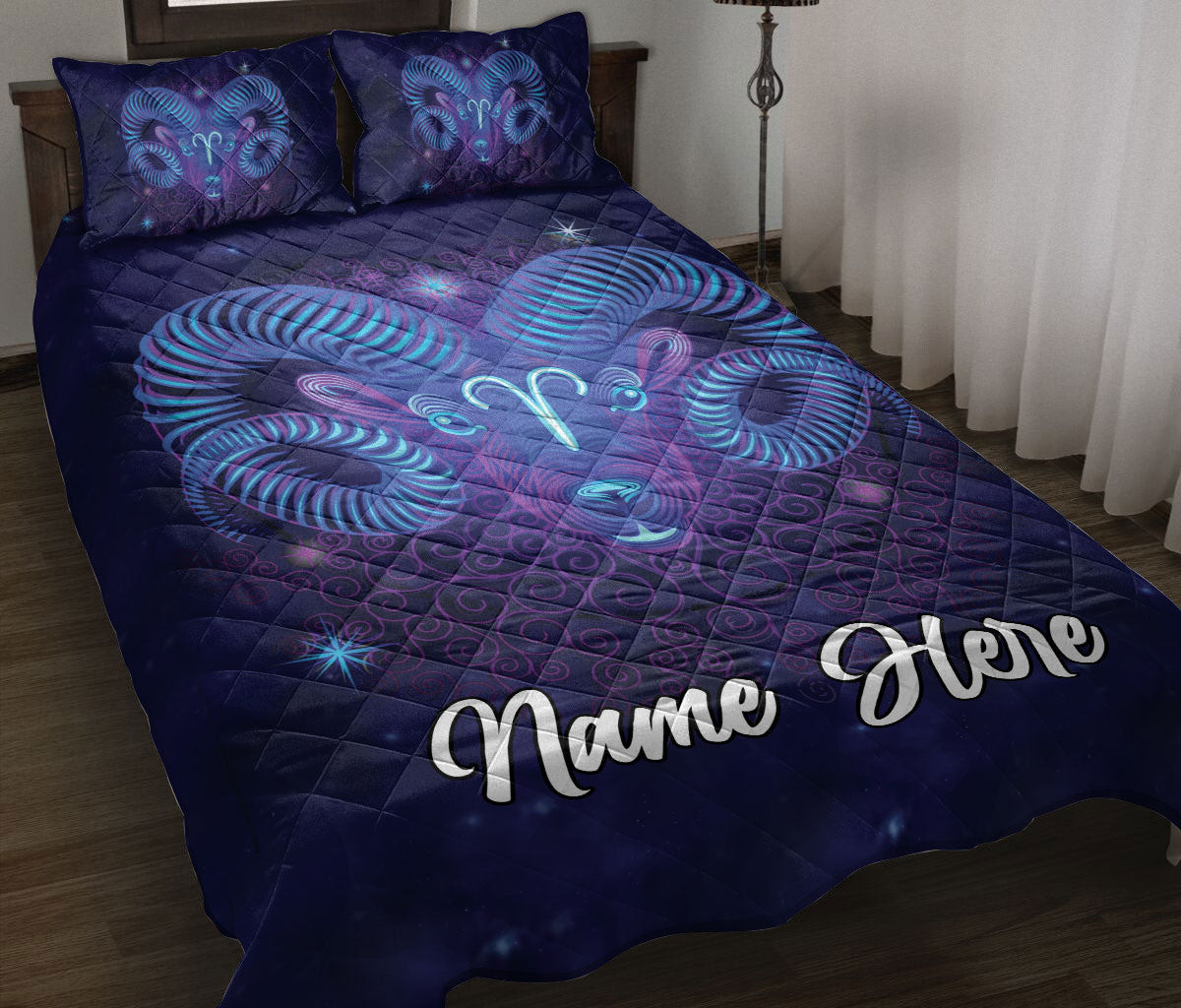 Personalized Zodiac Quilt Bedding Set, Aries Zodiac Quilt Blanket With Pillowcases, Custom Name Duvet Cover Set