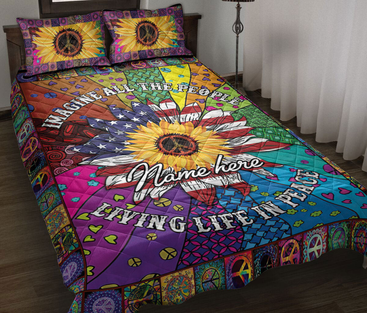 Personalized Hippie Quilt Bedding Set, America Sunflower Peace Sign Hippie Trippy Quilt Blanket With Pillowcases, Custom Name Duvet Cover Set