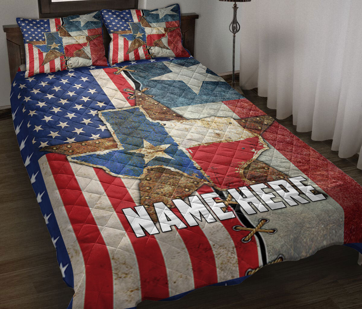 Personalized Texas Quilt Bedding Set, Texas Map US Flag Wild West Western Texas Quilt Blanket With Pillowcases, Custom Name Duvet Cover Set