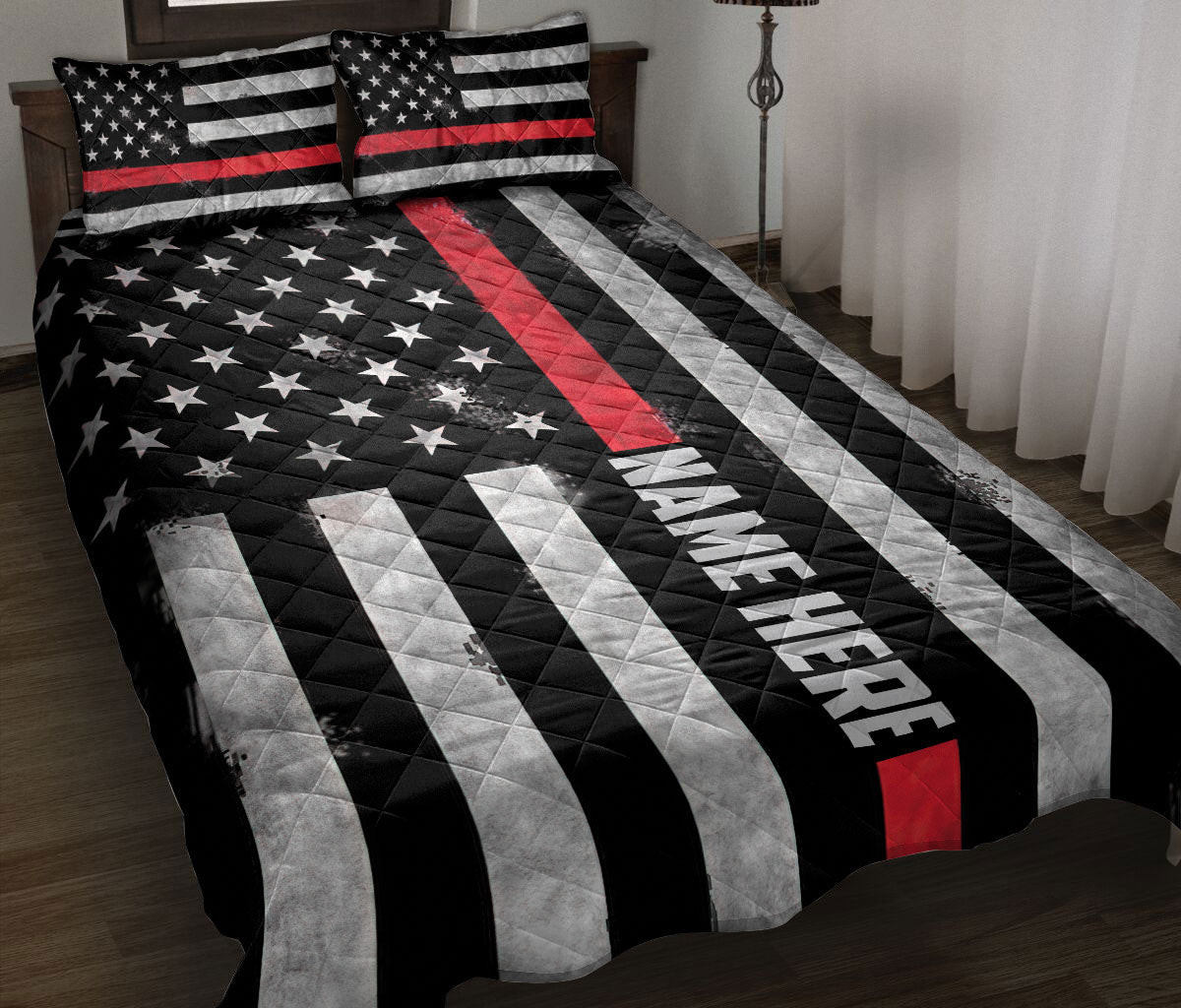 Personalized Firefighter Quilt Bedding Set, Firefighter Red Line US Flag Back The Red Quilt Blanket With Pillowcases, Duvet Cover Set
