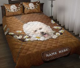 Personalized Bichon Frise Quilt Bedding Set, Bichon Frise Dog Daisy Flower Quilt Blanket With Pillowcases, Custom Name Duvet Cover Set