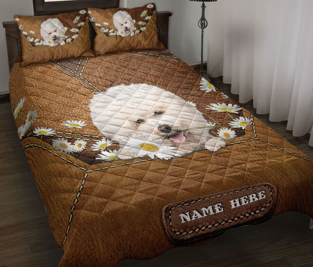 Personalized Bichon Frise Quilt Bedding Set, Bichon Frise Dog Daisy Flower Quilt Blanket With Pillowcases, Custom Name Duvet Cover Set