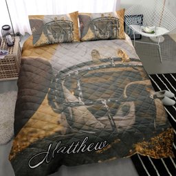 Personalized Football Quilt Bedding Set, Football Helmet On Grass Quilt Blanket With Pillowcases, Custom Name Duvet Cover Set