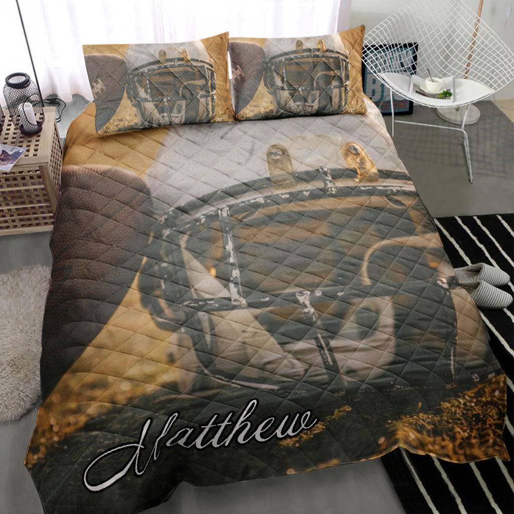 Personalized Football Quilt Bedding Set, Football Helmet On Grass Quilt Blanket With Pillowcases, Custom Name Duvet Cover Set
