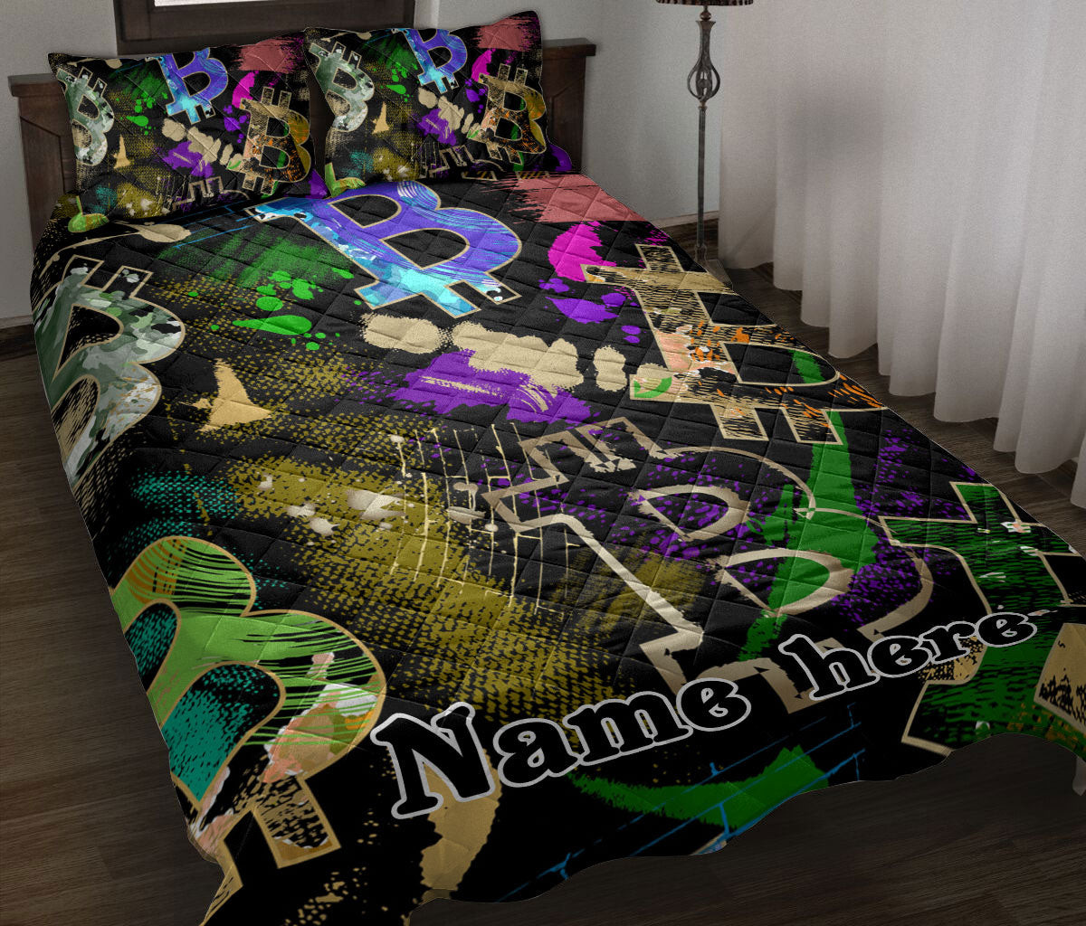 Personalized Quilt Bedding Set, Bitcoin Seamless Colorful Grunge Investor Quilt Blanket With Pillowcases, Custom Name Duvet Cover Set