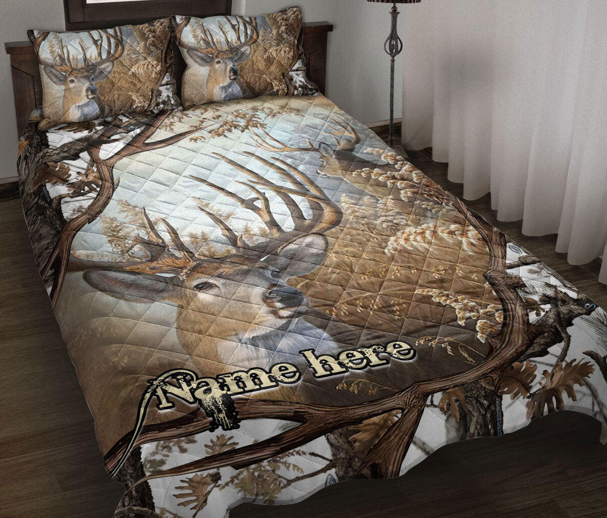 Personalized Hunting Quilt Bedding Set, Hunting White Deer Horn Quilt Blanket With Pillowcases, Custom Name Duvet Cover Set