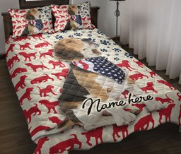 Personalized Beagle Quilt Bedding Set, US Flag Patriotic Beagle Dog Quilt Blanket With Pillowcases, Custom Name Duvet Cover Set